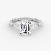 Emerald Cut - Pave Band Hidden Halo - Classic Engagement Ring- 18 K Gold